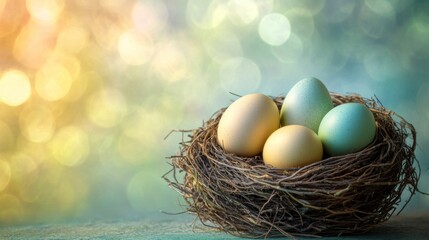 Fototapeta premium Pastel eggs nestled in a birds springtime nest