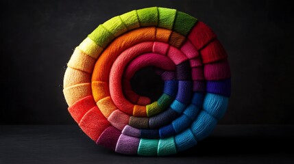 Obraz premium A color wheel of wool rolls in neon and bold tones, meticulously arranged on a smooth black surface, dramatic lighting highlighting the vibrant contrast, hd quality, bold and dynamic. --ar 16:9