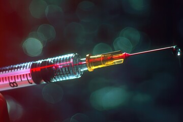 Macro shot of a syringe with needle and blood drop against blurred background