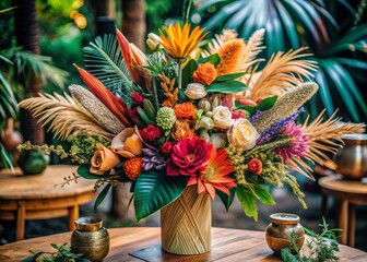 Fototapeta premium Bohemian Wedding Bouquet: Watercolor Tropical Flowers & Palm Leaves Close-Up