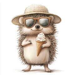 Obraz premium Cute hedgehog wearing sunglasses and a straw hat, enjoying an ice cream cone on a white background
