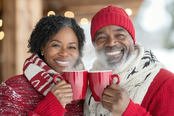 Smiling African American couple enjoying hot drinks in winter wonderland