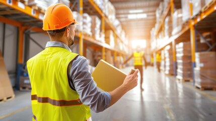 Male warehouse worker in safety gear carrying box in industrial storage facility