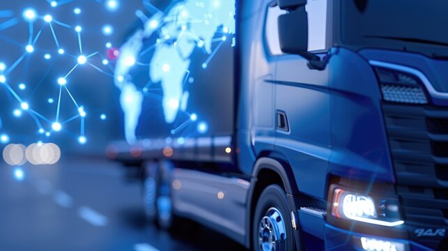 Futuristic blue truck with global digital network overlay on highway at night - Powered by Adobe