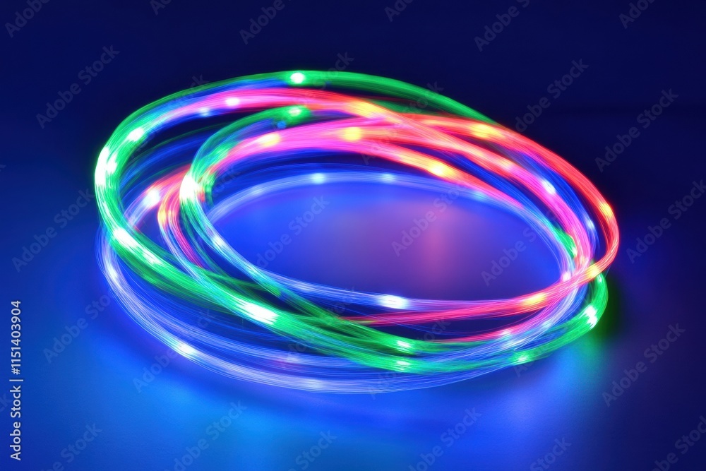 Poster abstract digital art of glowing neon light trails in vivid pink and blue hues with sparkling particl