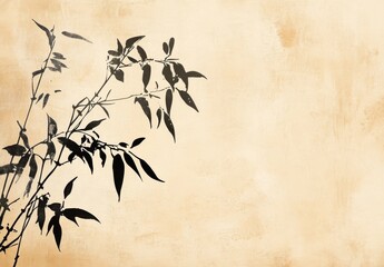 Black Ink Bamboo Branch Silhouette on Beige Textured Background.