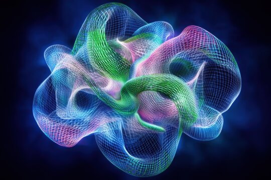 Abstract digital art of glowing neon light trails in vivid pink and blue hues with sparkling particles.