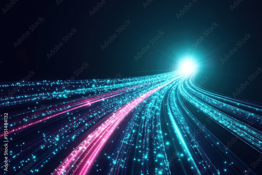 Poster abstract digital art of glowing neon light trails in vivid pink and blue hues with sparkling particl