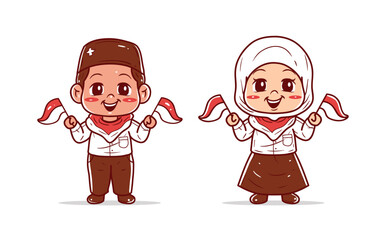 Boys and girls are waving the Indonesian flag vector illustration