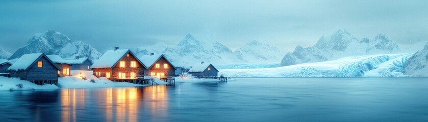 Obraz premium A serene winter landscape featuring cozy cabins by a calm, icy lake surrounded by majestic snow-covered mountains.