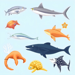 Isolated set of sea animals