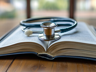 A stethoscope rests on an open medical book, symbolizing the blend of healthcare knowledge and practice.