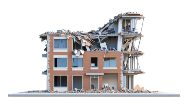 Building with earthquake damage, isolated on transparent background