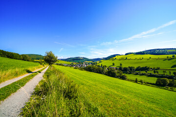 View of the green landscape near Oberhenneborn in the Sauerland. Hiking trails in nature.
