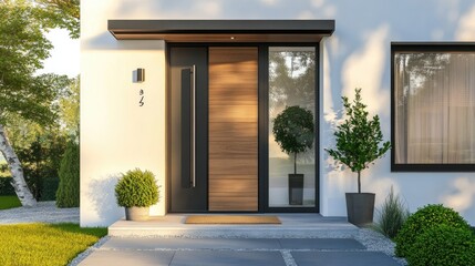 Modern house facade. Main entrance of living building. Door of luxury building with backyard in front