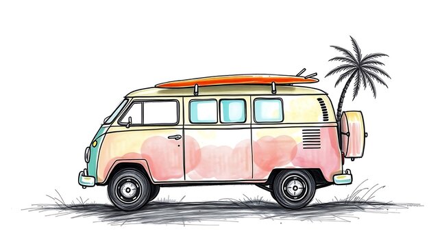 recommend clip art: Summer vacation concept, Travel to the beach van on white background 