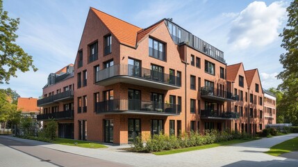 Modern Brick Apartment Building in Residential Area