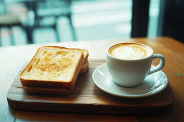 Toast bread and a cup of coffee latte on table