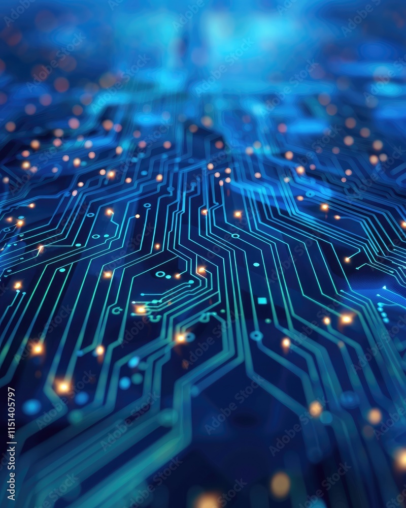 Poster a close-up view of a circuit board with glowing connections, showcasing intricate patterns and a vib