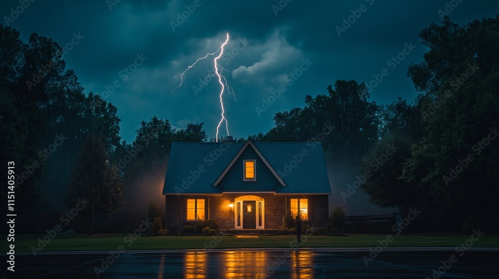 Poster A charming suburban house stands resilient under a stormy sky, its warm lights inviting from within as lightning flashes dramatically overhead, creating a serene yet powerful atmosphere