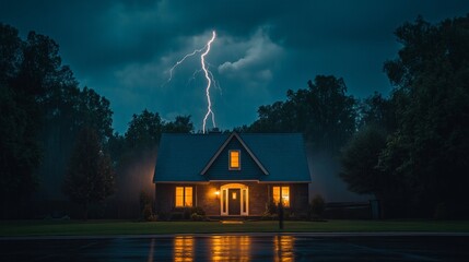 A charming suburban house stands resilient under a stormy sky, its warm lights inviting from within as lightning flashes dramatically overhead, creating a serene yet powerful atmosphere