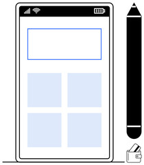 Smartphone with interface, pencil beside it, small wallet icon. Ideal for technology, productivity, organization, planning, mobile apps digital tools creativity. Line metaphor