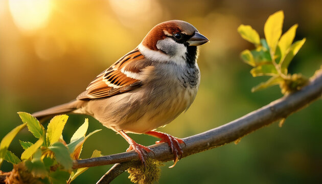 Primer plano de un gorri&oacute;n sobre una rama con el fondo desenfocado