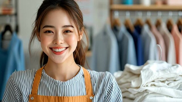 Smiling woman in apron with clean clothes in modern shop setting, bright atmosphere