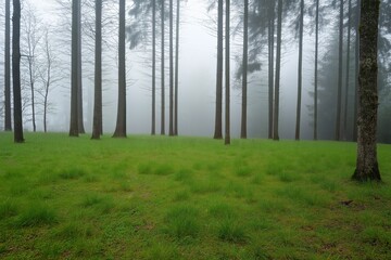 Obraz premium A forest with trees and a foggy sky. The trees are tall and the sky is cloudy