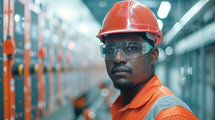 A focused worker in safety gear stands in an industrial setting, emphasizing safety and professionalism in the workplace.