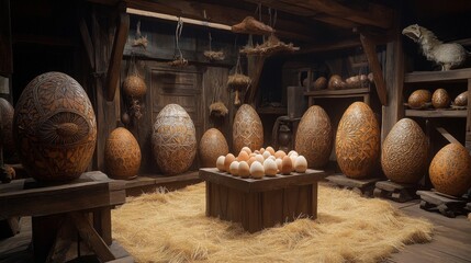 Fototapeta premium Intricately Carved Eggs Adorn Rustic Wooden Room