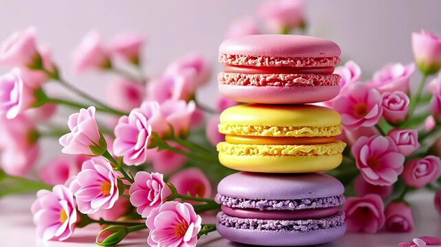 a vibrant and colorful still life video featuring a stack of three macarons