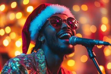 A man wearing a Santa hat is singing joyfully into a microphone.