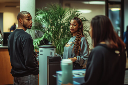 Office employees gather around the water cooler to share ideas and engage in conversation during the busy workday - Powered by Adobe