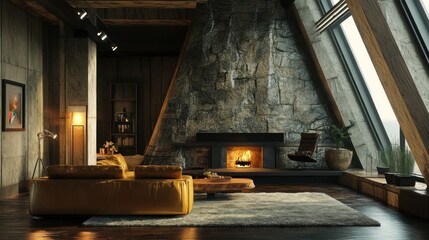 Rustic Mountain Cabin Living Room with Fireplace and Large Windows