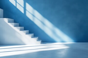 Obraz premium Panoramic blue background for product presentation with sunlight and blurred shadows on the wall.