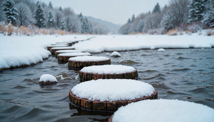River crossing with stepping stones Snow-covered stepping stones across winter river