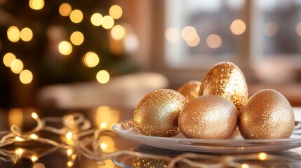 Fototapeta premium Golden glitter ornaments rest on plate near lights