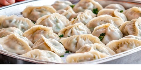 Chinese New Year concept, Plateful of freshly made dumplings arranged neatly, showcasing their delicate wrappers and savory filling.