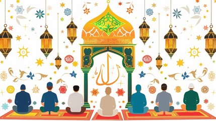 Muslim people praying in mosque during ramadan celebration: vector illustration
