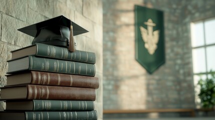 Scholarly Ambitions - Stack of Leather-Bound Academic Books with Graduation Cap on University Crest Background, Photorealistic