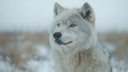 Obraz premium Majestic arctic wolf portrait in snowy winter landscape.