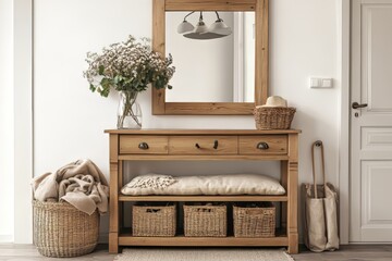Rustic Wooden Console Table with Entryway Decor.