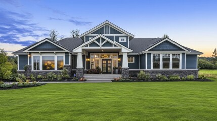 Obraz premium The front view of a newly built home is enhanced by a picturesque surrounding of vibrant green grass and a clear blue sky at sunrise. This appealing exterior beckons potential buyers or renters