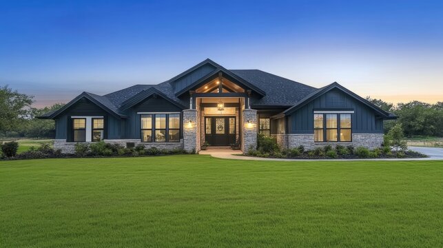 The front view of a newly built home is enhanced by a picturesque surrounding of vibrant green grass and a clear blue sky at sunrise. This appealing exterior beckons potential buyers or renters