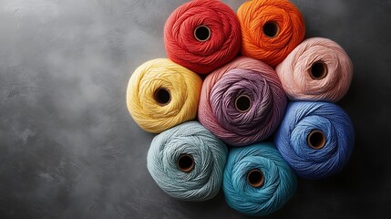 A creative color wheel of wool rolls in pastel shades, placed on a neutral gray background, diffused lighting highlighting the soft and delicate tones, hd quality, minimalistic and elegant. --ar 16:9