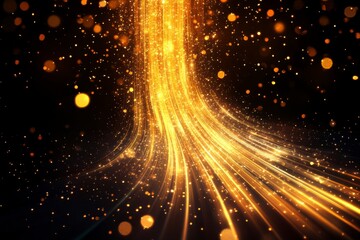 Obraz premium golden line light with glitter glow abstract effect a golden vertical flare with neon beam sparkle and particle burst background laser string