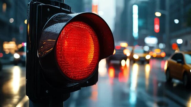Traffic light turning red in a city street, blurred cars in the background.