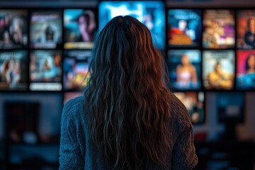A woman is watching TV or a movie.