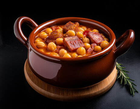 Un puchero de barro con un delicioso guiso de garbanzos o cocido madrile&ntilde;o receta gastron&oacute;mica de cocina y gastronom&iacute;a espa&ntilde;ola y casera